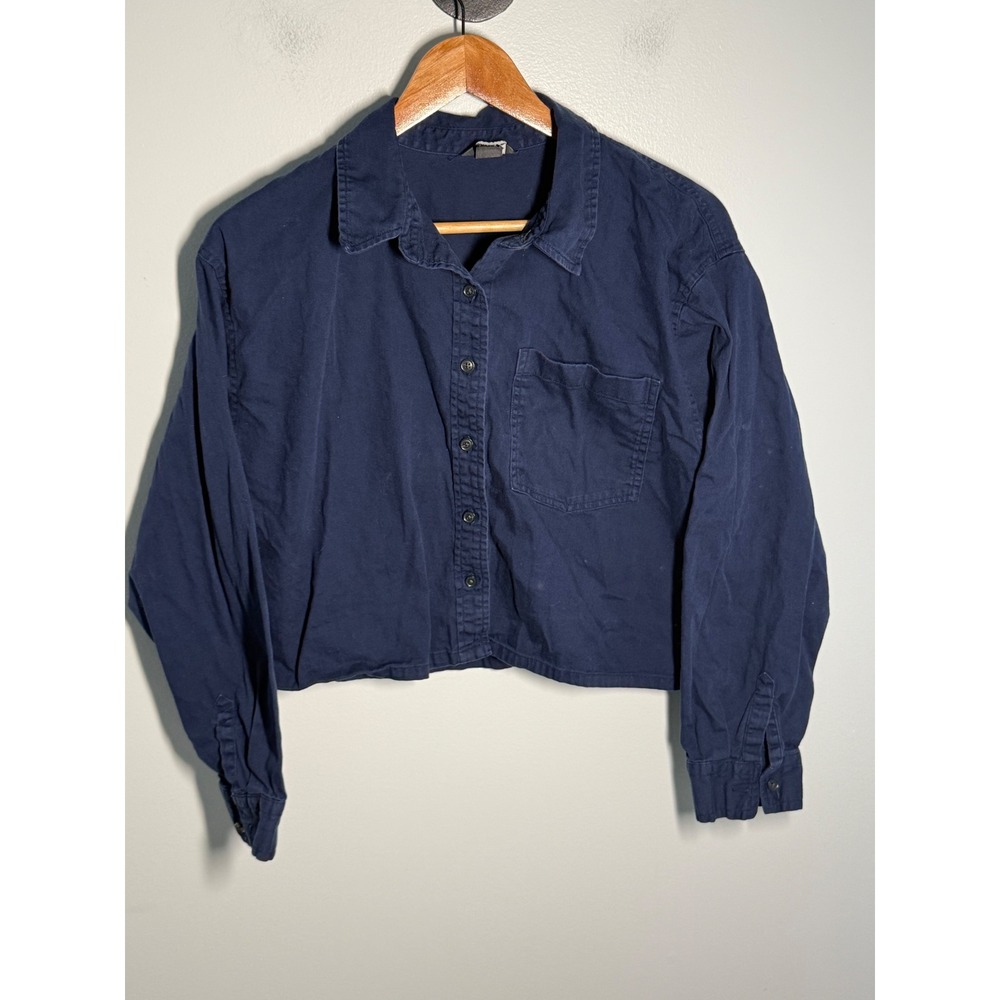 Eddie Bauer Navy Blue Cropped Button Up Shirt Womens Large Long Sleeve Cotton